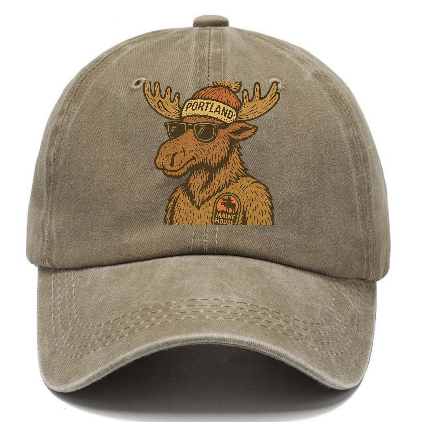 Maine Moose wearing Portland beanie with pom pom and wayfarer sunglasses - Classic Cap - Warm Sand(Khaki)