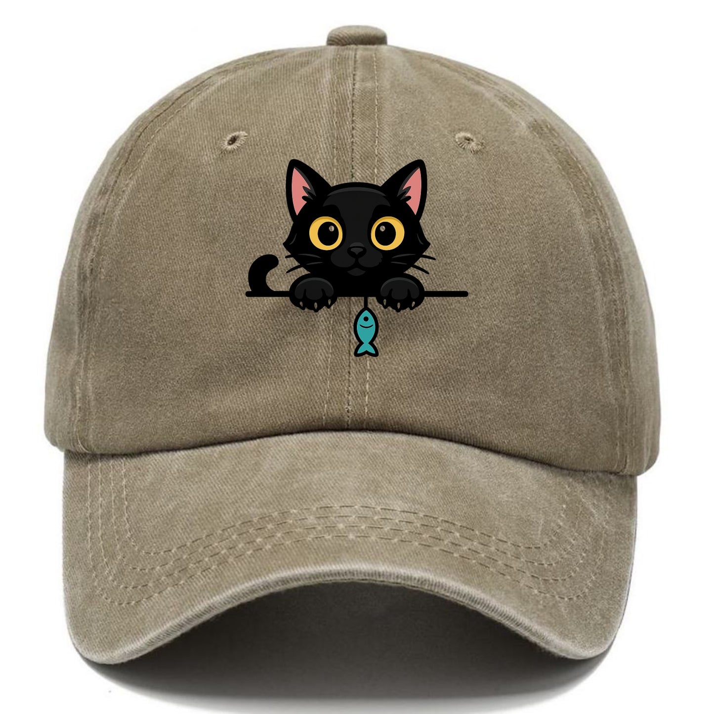 Midnight the black cat holding a tiny yarn ball between both paws while peeking. - Classic Cap - Warm Sand(Khaki)