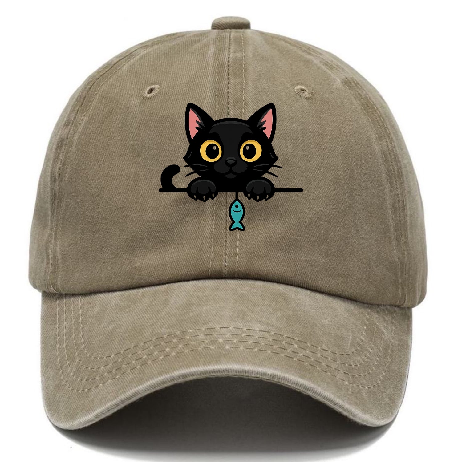 Midnight the black cat holding a tiny yarn ball between both paws while peeking. - Classic Cap - Warm Sand(Khaki)