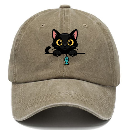 Midnight the black cat holding a tiny yarn ball between both paws while peeking. - Classic Cap - Warm Sand(Khaki)