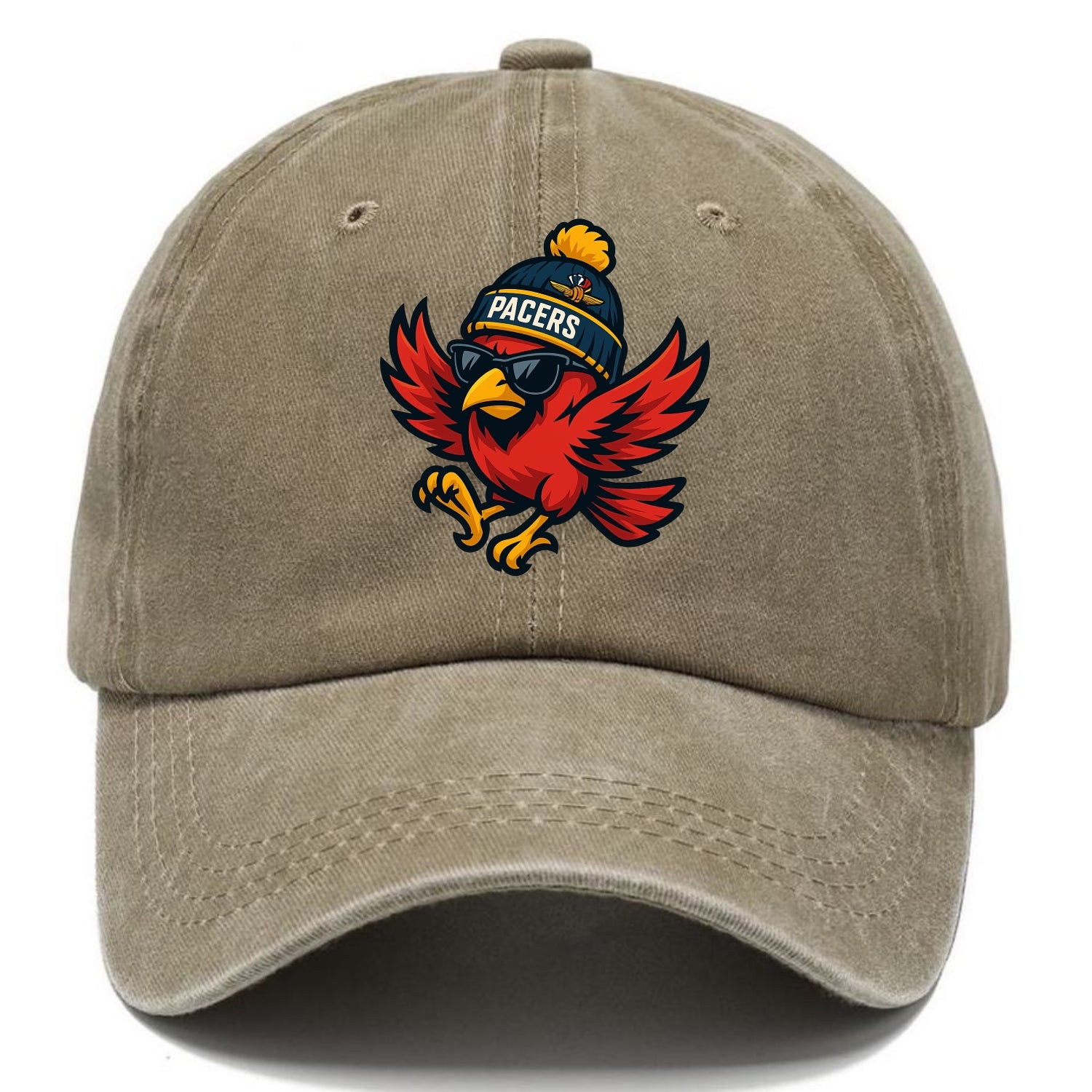 Indiana Cardinal wearing Pacers beanie with speedway patch and wayfarer sunglasses - Classic Cap - Warm Sand(Khaki)