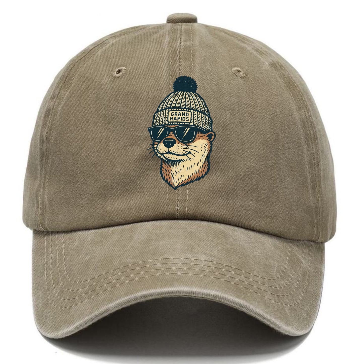 Grand Rapids River Otter wearing Grand Rapids beanie with pom pom and wayfarer - Classic Cap - Warm Sand(Khaki)