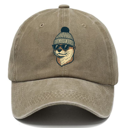 Grand Rapids River Otter wearing Grand Rapids beanie with pom pom and wayfarer - Classic Cap - Warm Sand(Khaki)