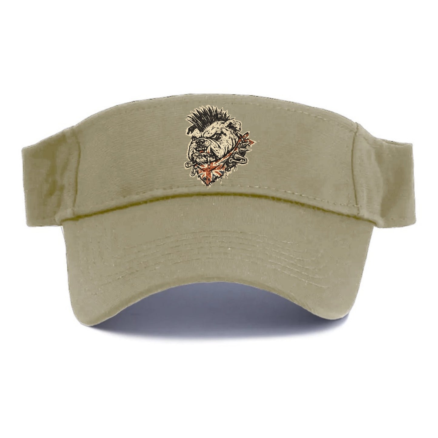 PUNK BULLDOG | British bulldog with mohawk | Safety pins through collar | Union Jack - Visor - Warm Sand(Khaki)