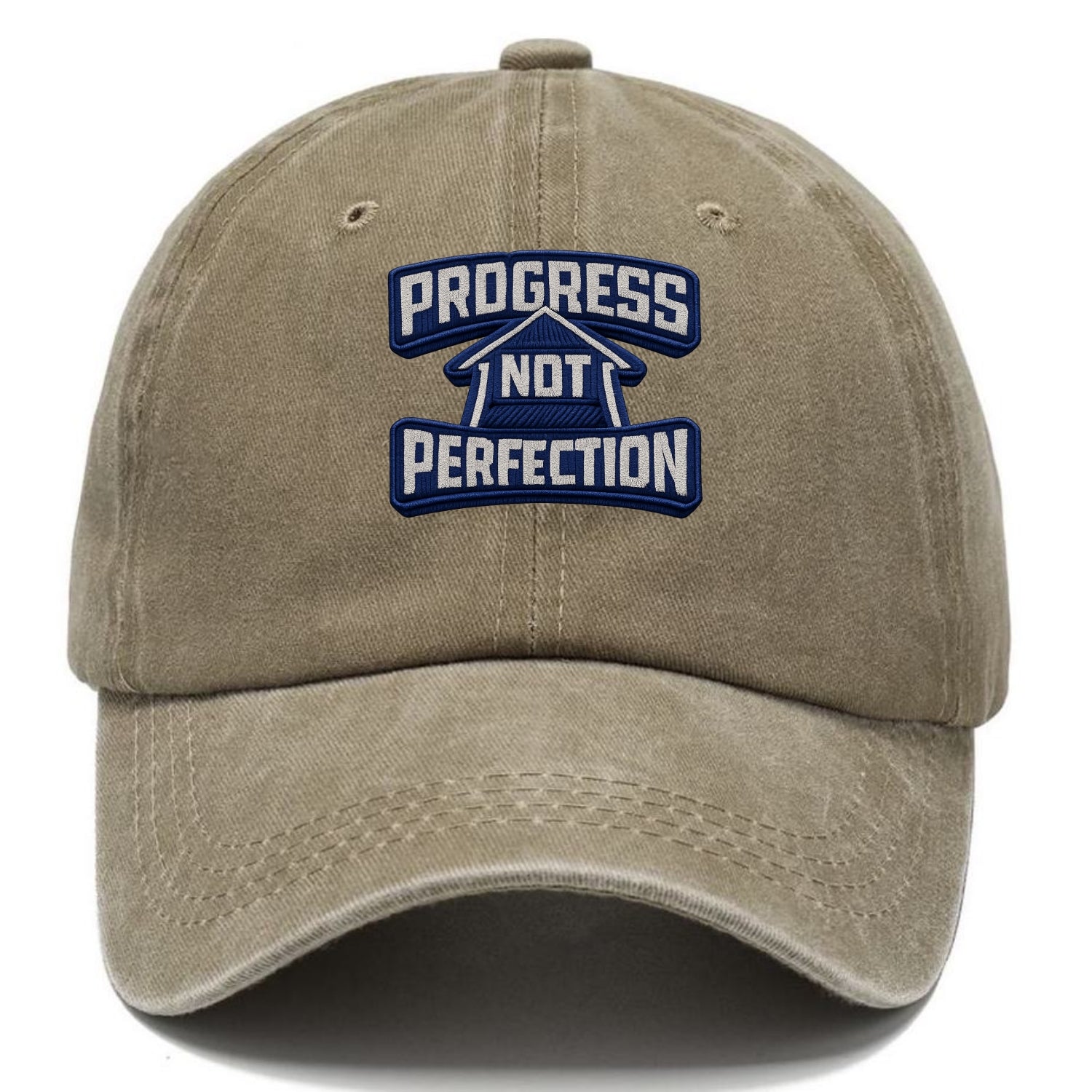 PROGRESS NOT PERFECTION - arrow with text in blue , growth mindset - Classic Cap - Warm Sand(Khaki)