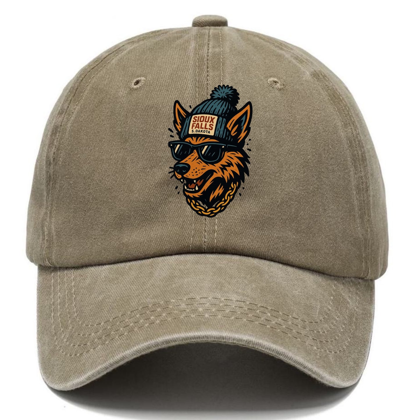 South Dakota Coyote wearing Sioux Falls beanie with pom pom and wayfarer sunglasses - Classic Cap - Warm Sand(Khaki)