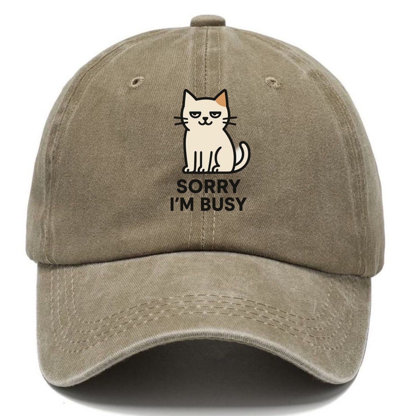Cat sitting alone looking content - "SORRY I'M BUSY" - not sorry at all - Classic Cap - Warm Sand(Khaki)