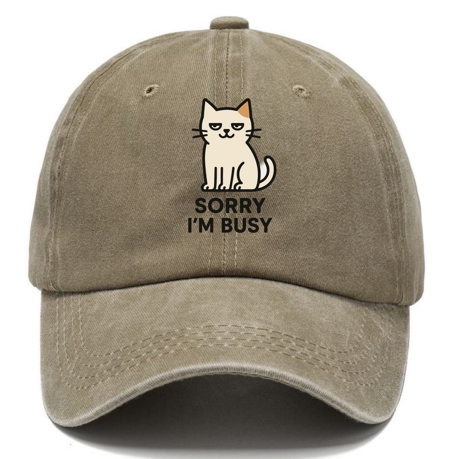 Cat sitting alone looking content - "SORRY I'M BUSY" - not sorry at all - Classic Cap - Warm Sand(Khaki)