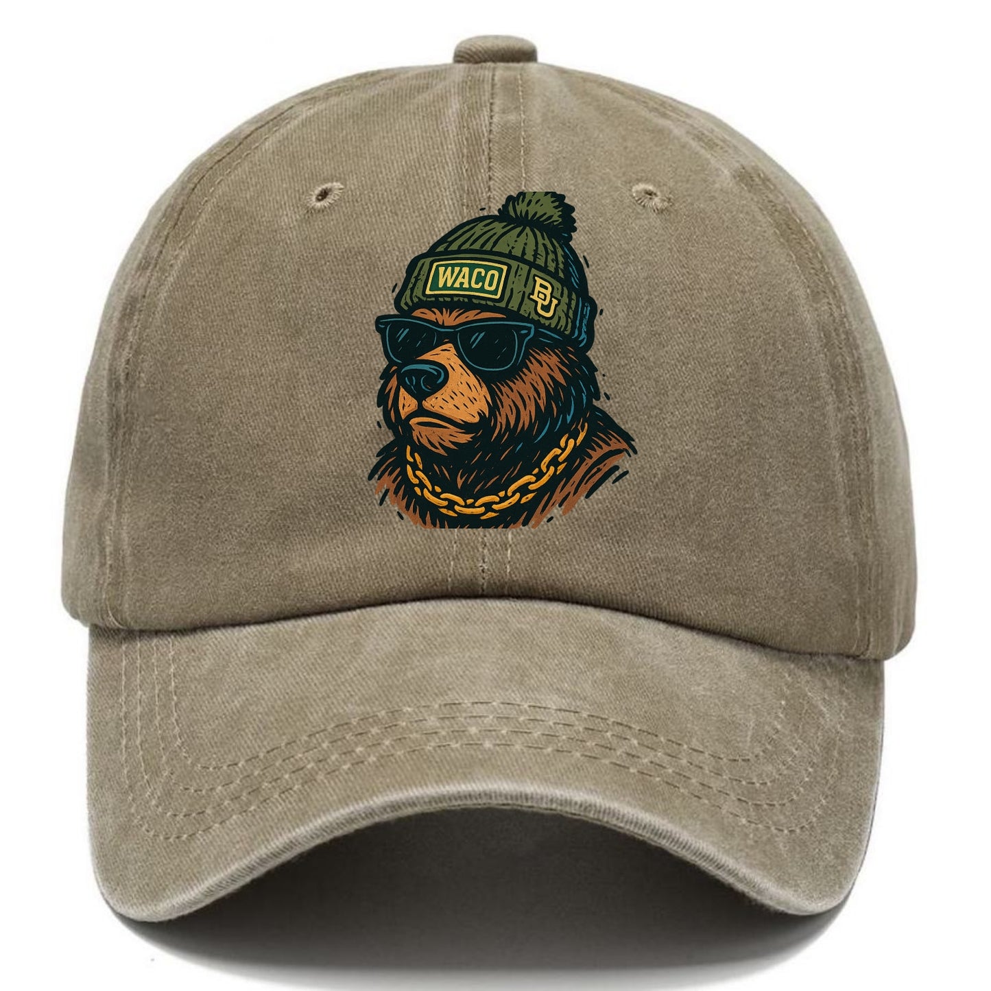 Waco Bear wearing Baylor beanie with BU patch - Classic Cap - Warm Sand(Khaki)