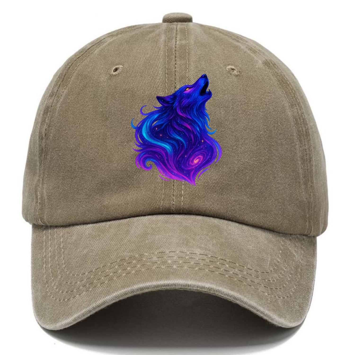 Noble wolf with flowing fur that transforms into aurora borealis streams, cyan and - Classic Cap - Warm Sand(Khaki)