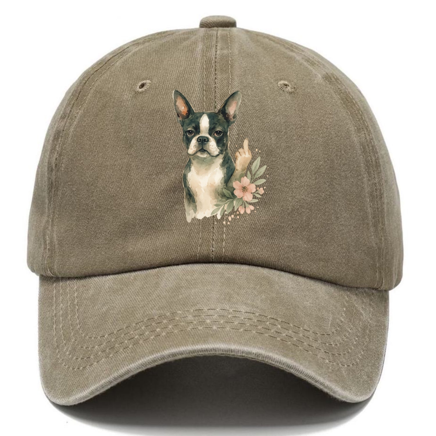 Boston Terrier with tuxedo markings, perky ears, paw up giving sass - Classic Cap - Warm Sand(Khaki)