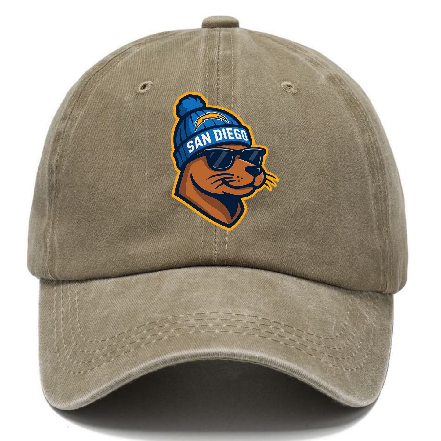 San Diego Sea Lion wearing Chargers beanie with bolt patch and wayfarer sunglasses - Classic Cap - Warm Sand(Khaki)