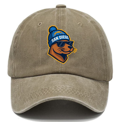 San Diego Sea Lion wearing Chargers beanie with bolt patch and wayfarer sunglasses - Classic Cap - Warm Sand(Khaki)