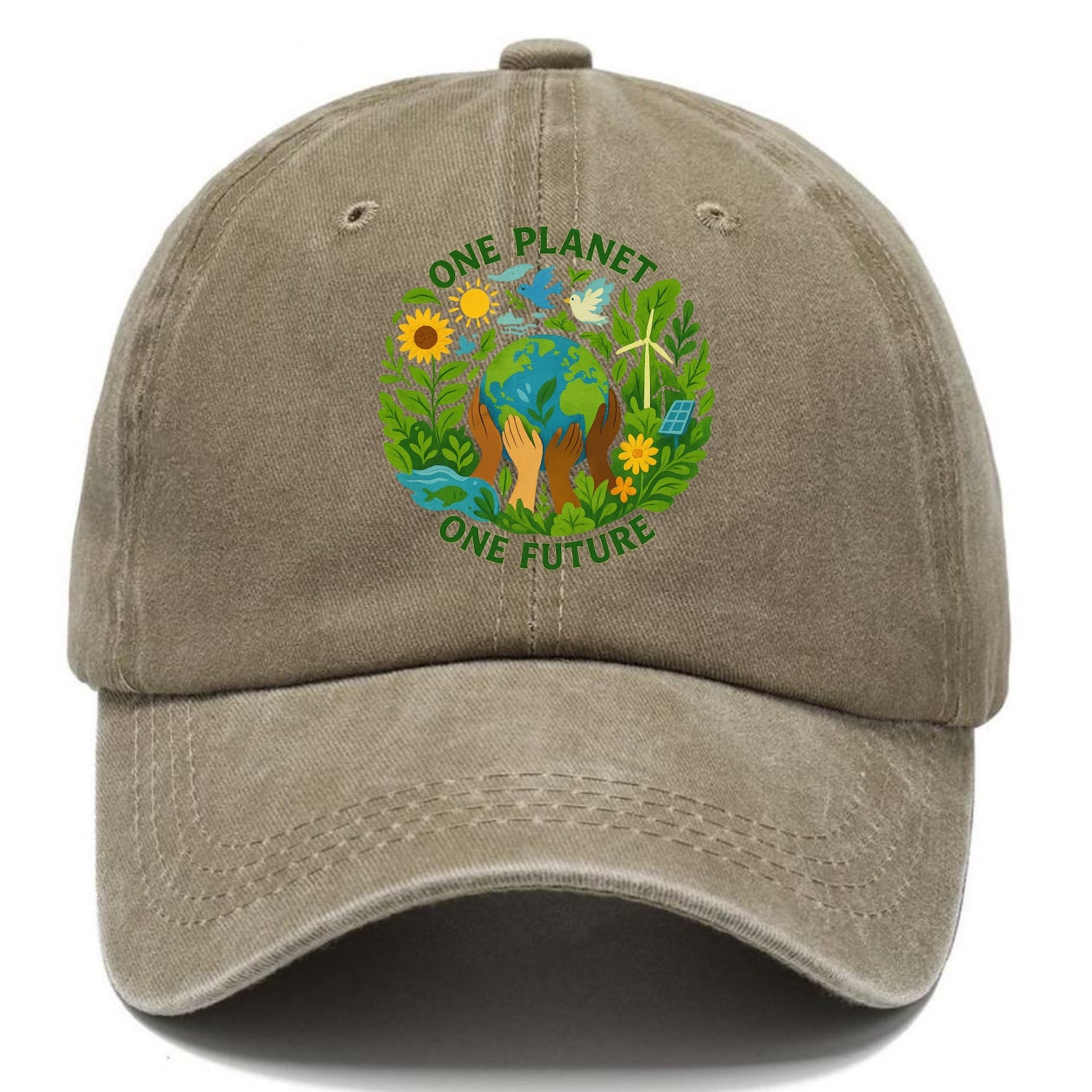 Globe surrounded by hands of all colors working together - "One Planet, One Future" - - Classic Cap - Warm Sand(Khaki)