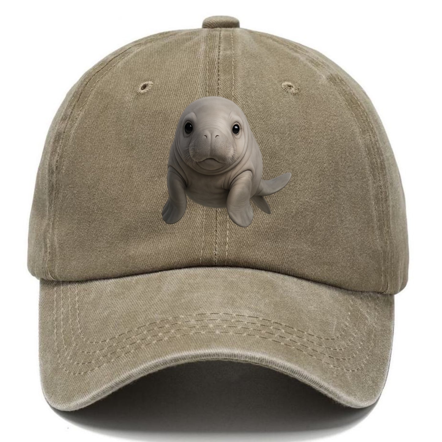 Baby Dugong - gray with paddle tail, gentle expression, whiskers, front-facing, sweet - Classic Cap - Warm Sand(Khaki)