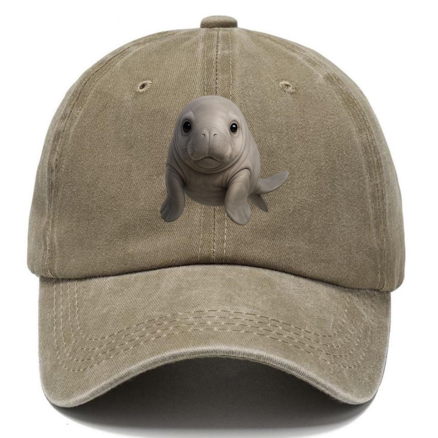 Baby Dugong - gray with paddle tail, gentle expression, whiskers, front-facing, sweet - Classic Cap - Warm Sand(Khaki)