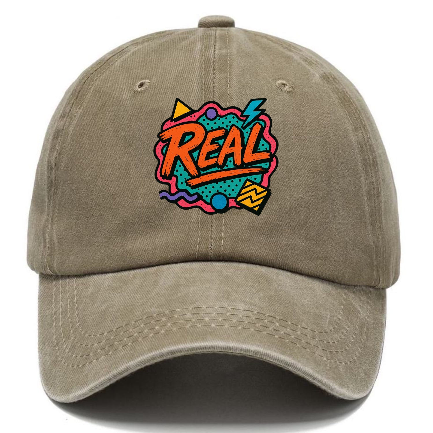 Imperfect brush strokes spelling "Real" - authenticity over perfection, raw and - Classic Cap - Warm Sand(Khaki)
