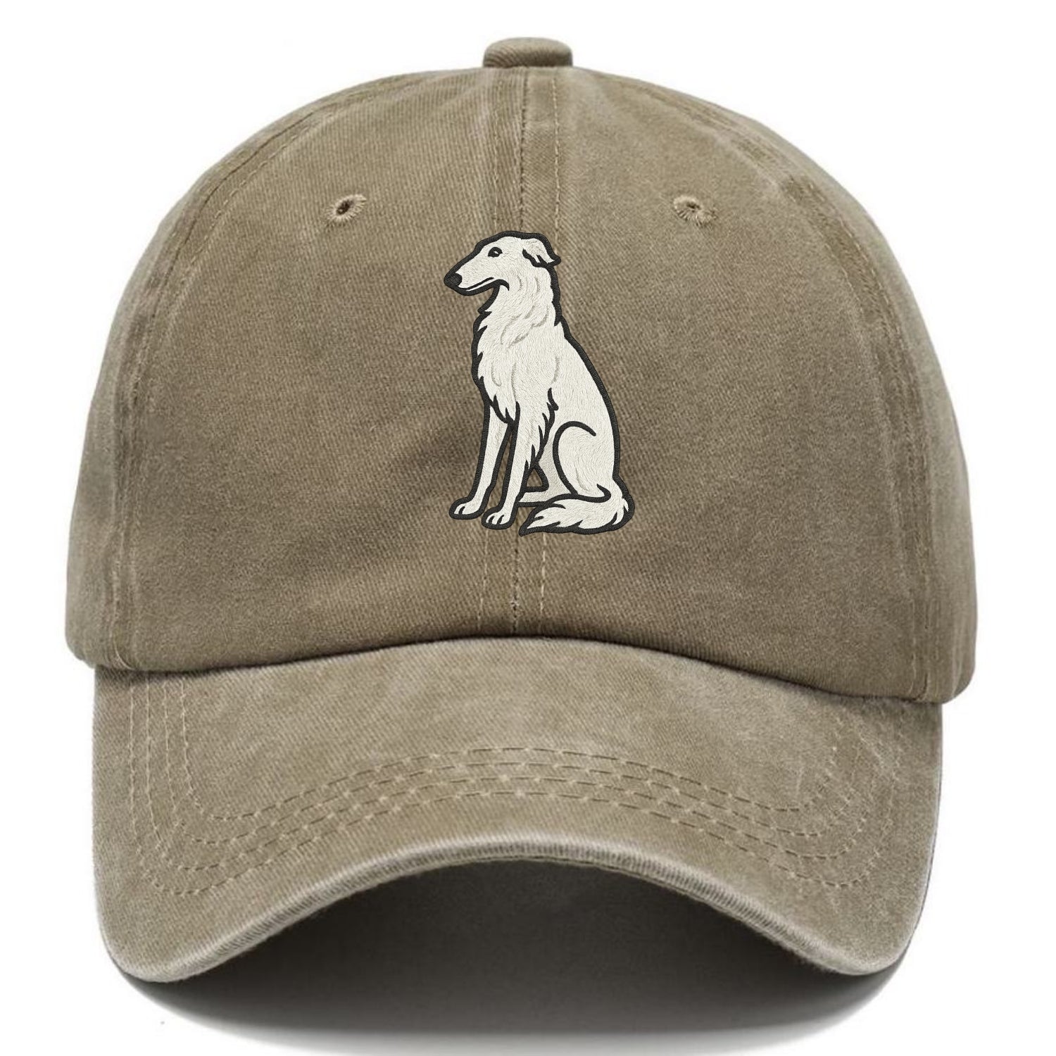 Borzoi - White embroidered sitting pose - Classic Cap - Warm Sand(Khaki)