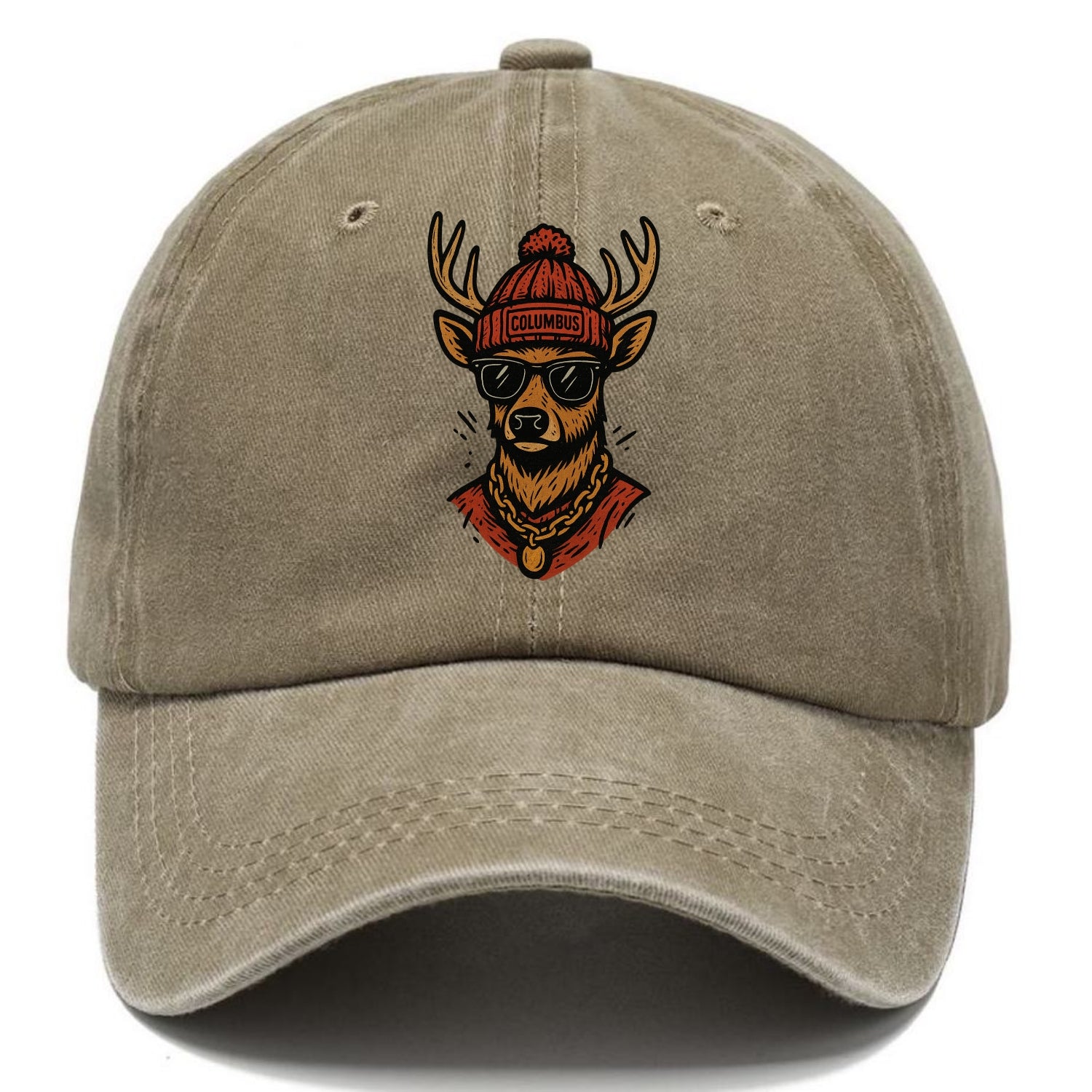 Columbus White-tailed Deer wearing Columbus beanie with pom pom and wayfarer - Classic Cap - Warm Sand(Khaki)