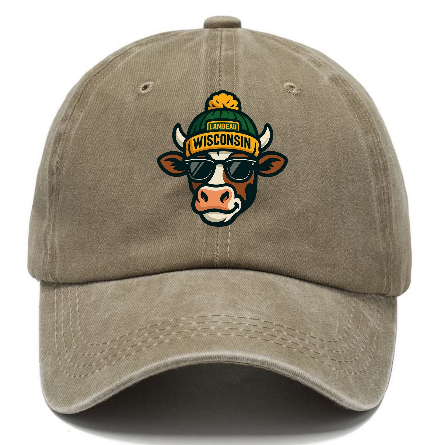 Wisconsin Cow wearing Packers beanie with Lambeau patch and wayfarer sunglasses - Classic Cap - Warm Sand(Khaki)
