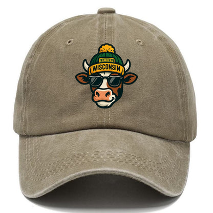 Wisconsin Cow wearing Packers beanie with Lambeau patch and wayfarer sunglasses - Classic Cap - Warm Sand(Khaki)