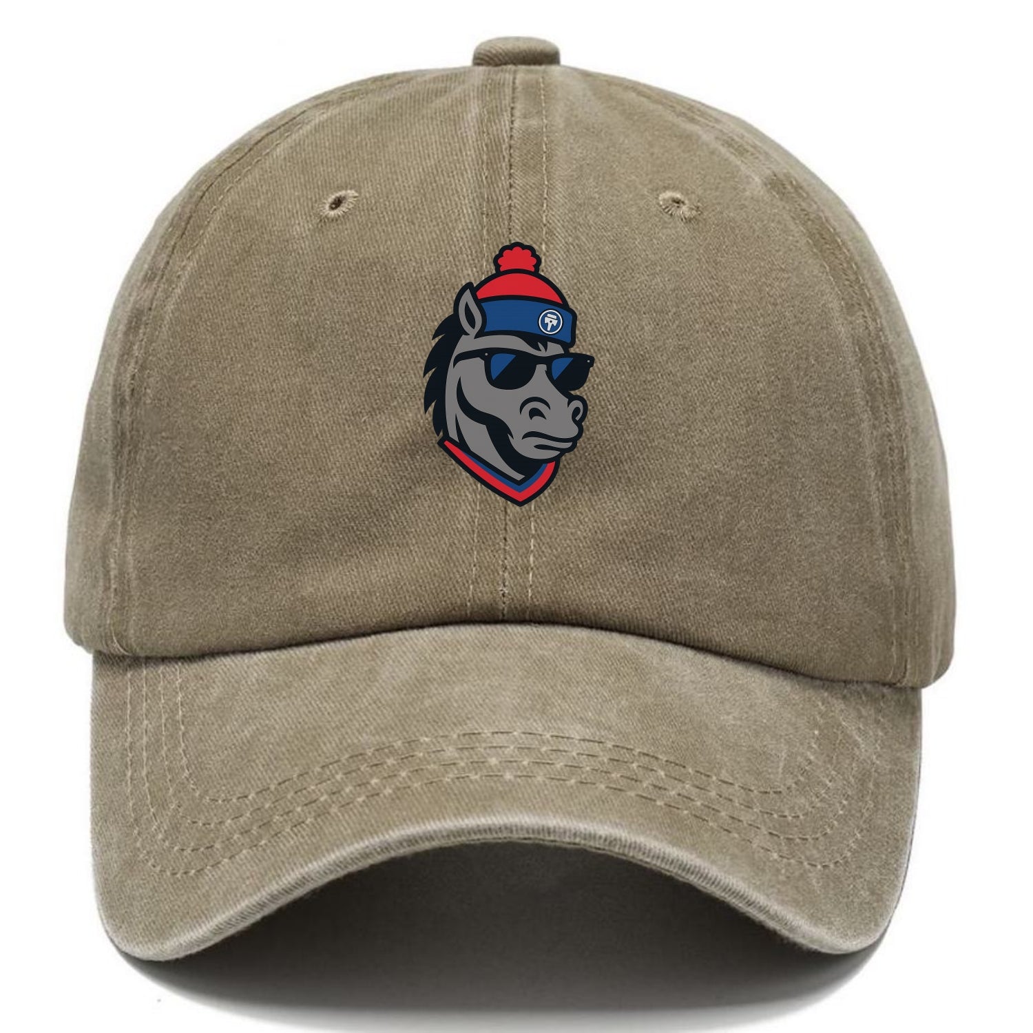 Detroit Stallion wearing Pistons red and blue beanie with piston patch and wayfarer - Classic Cap - Warm Sand(Khaki)