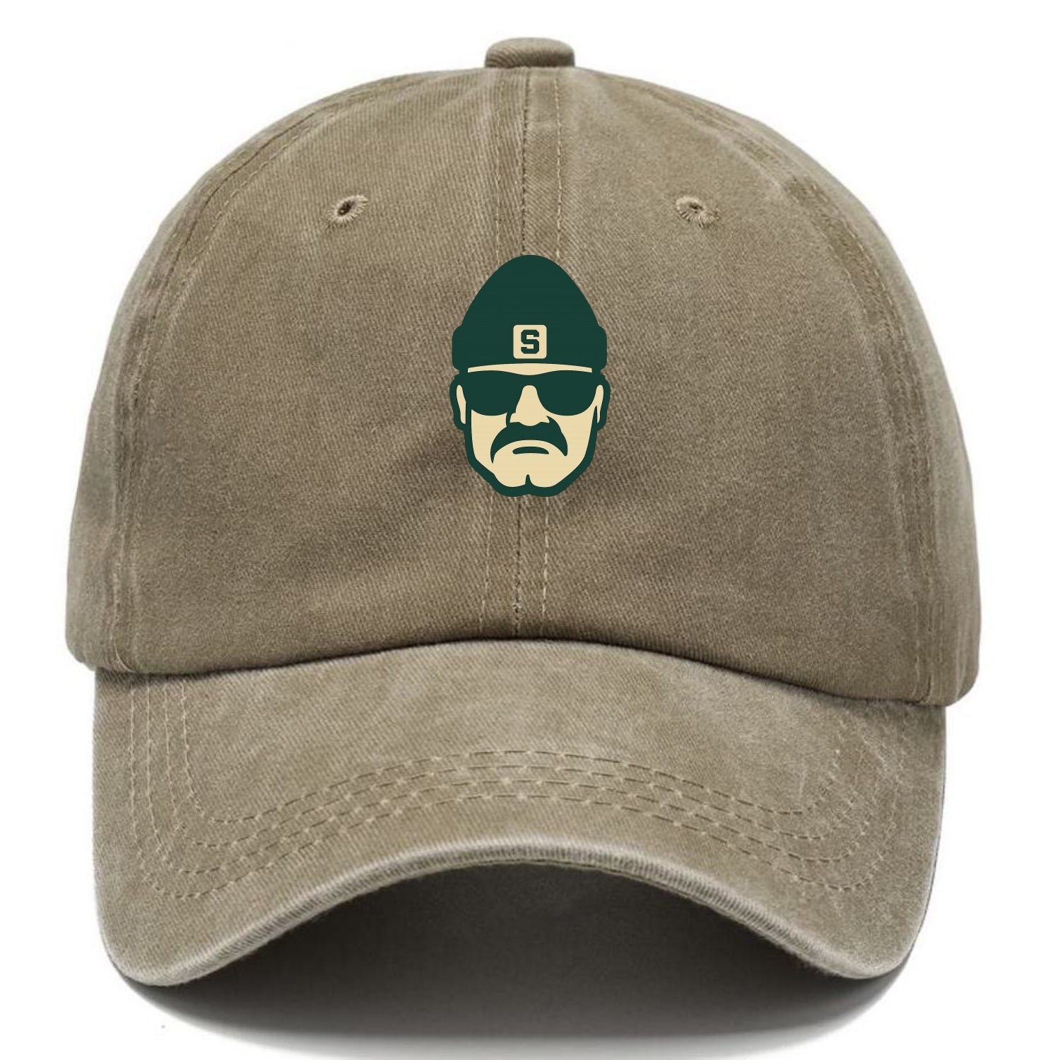 East Lansing Spartan wearing Michigan State beanie with S patch - Classic Cap - Warm Sand(Khaki)