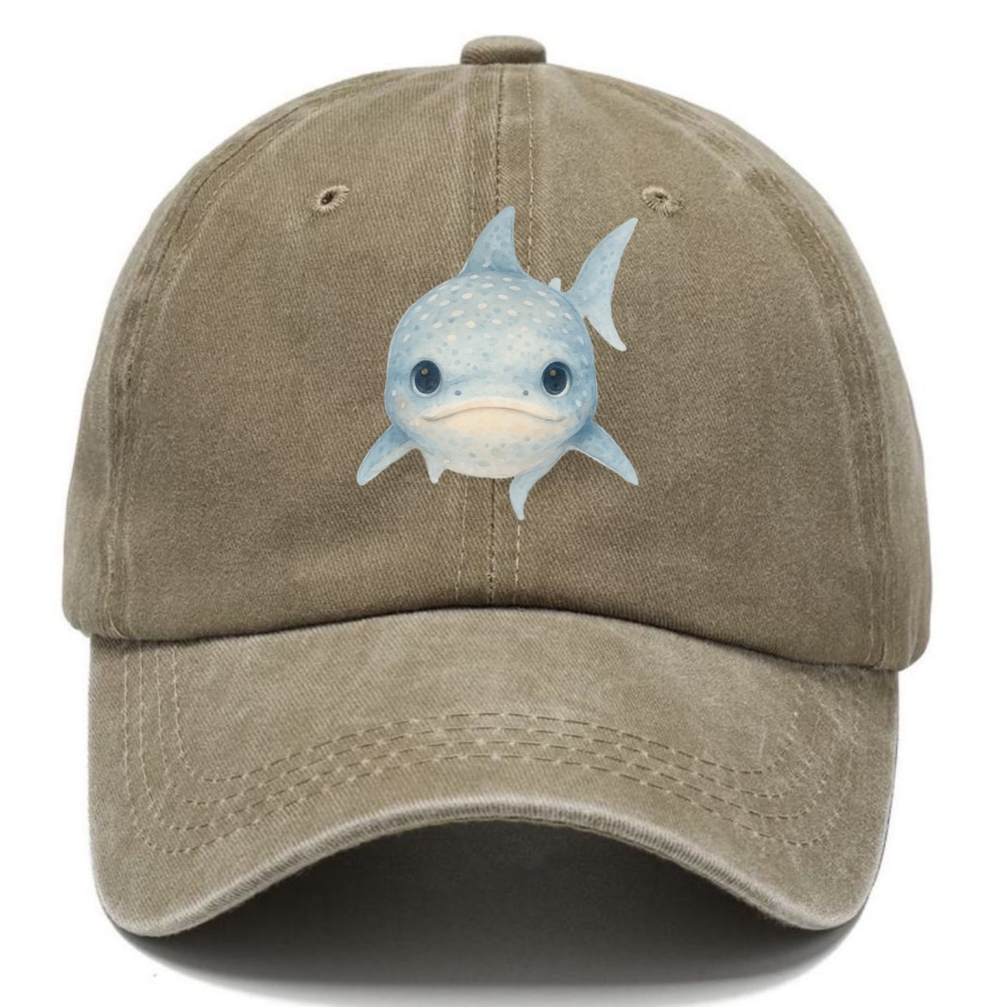Baby Whale Shark - spotted blue-gray, wide mouth closed, tiny eyes, front-facing, - Classic Cap - Warm Sand(Khaki)