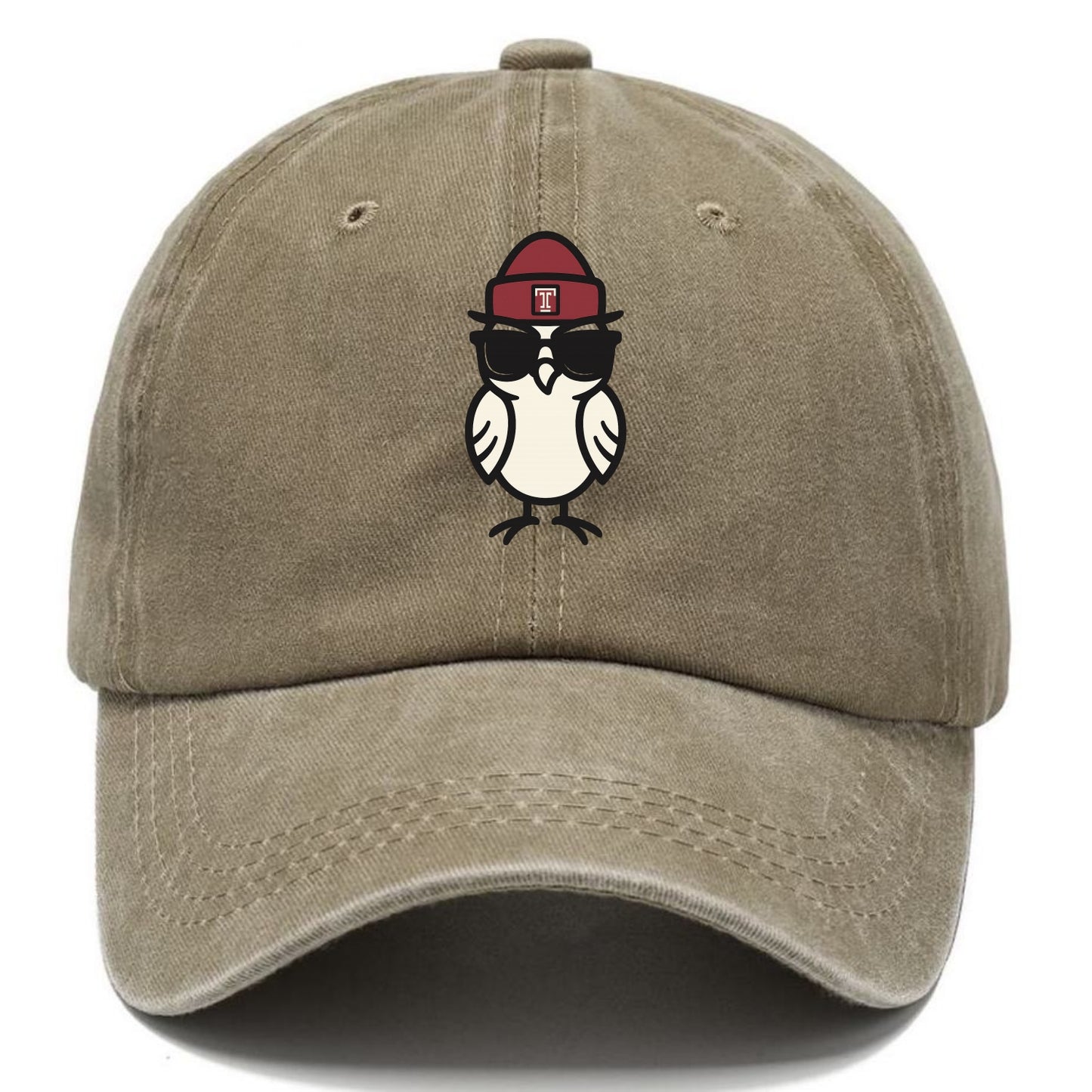 Philadelphia Owl wearing Temple beanie with T patch - Classic Cap - Warm Sand(Khaki)