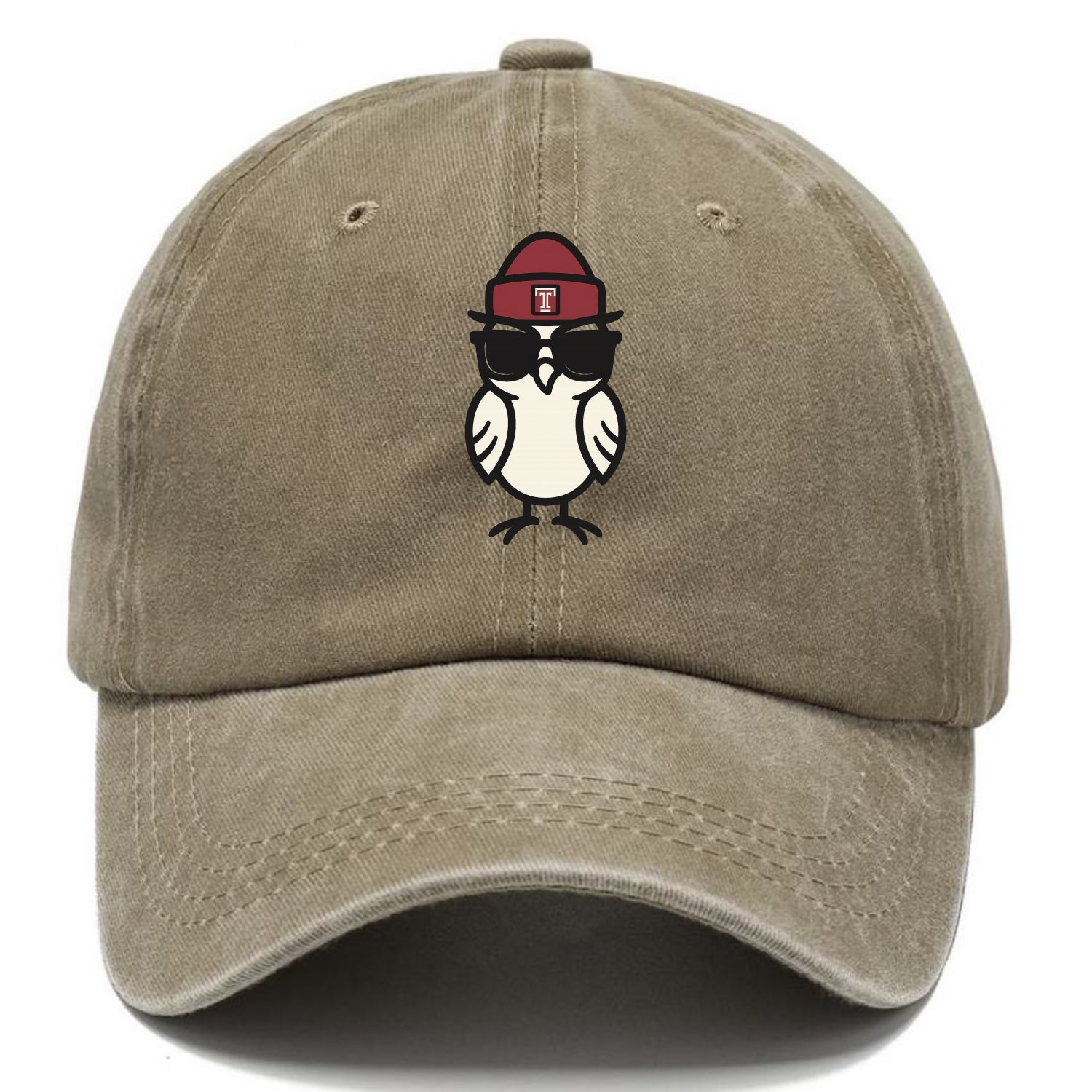 Philadelphia Owl wearing Temple beanie with T patch - Classic Cap - Warm Sand(Khaki)