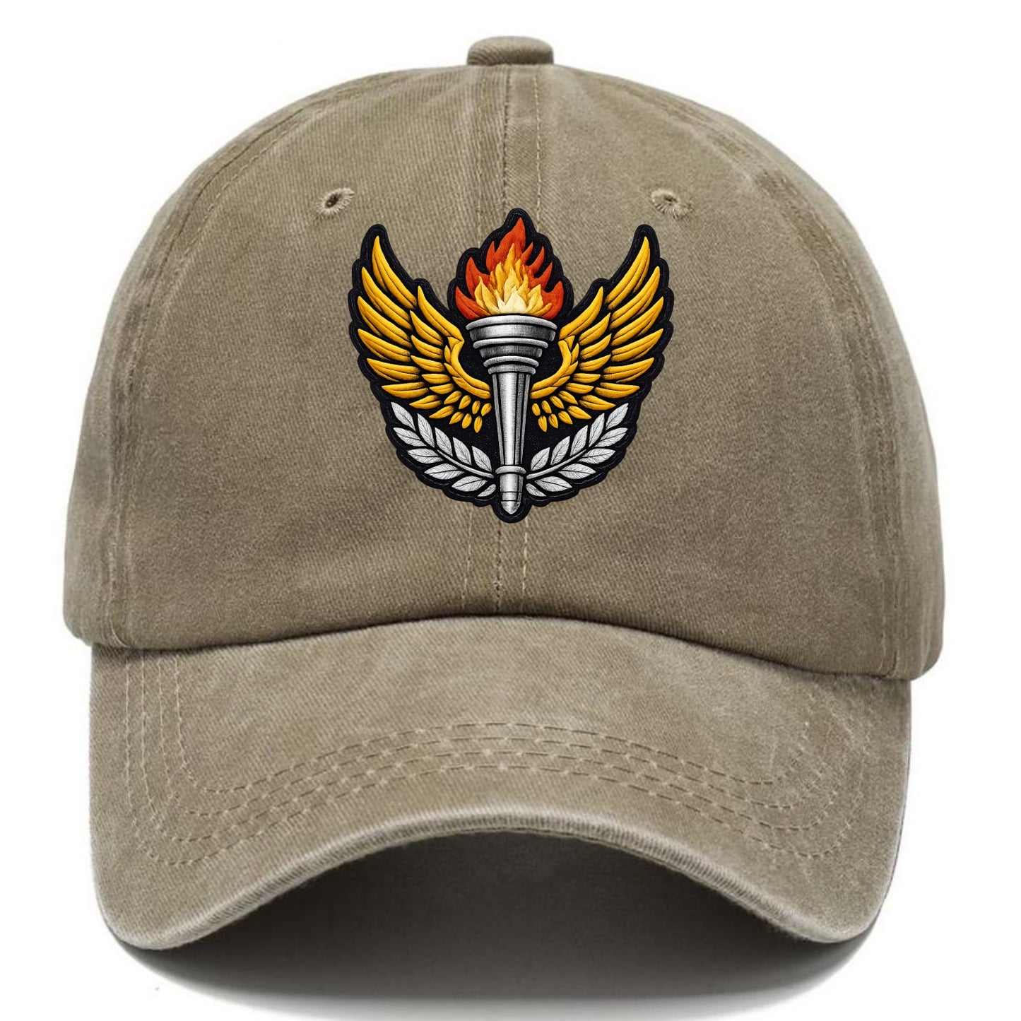 Embroidered patch design - TRACK AND FIELD TORCH - Olympic style torch with wings in - Classic Cap - Warm Sand(Khaki)
