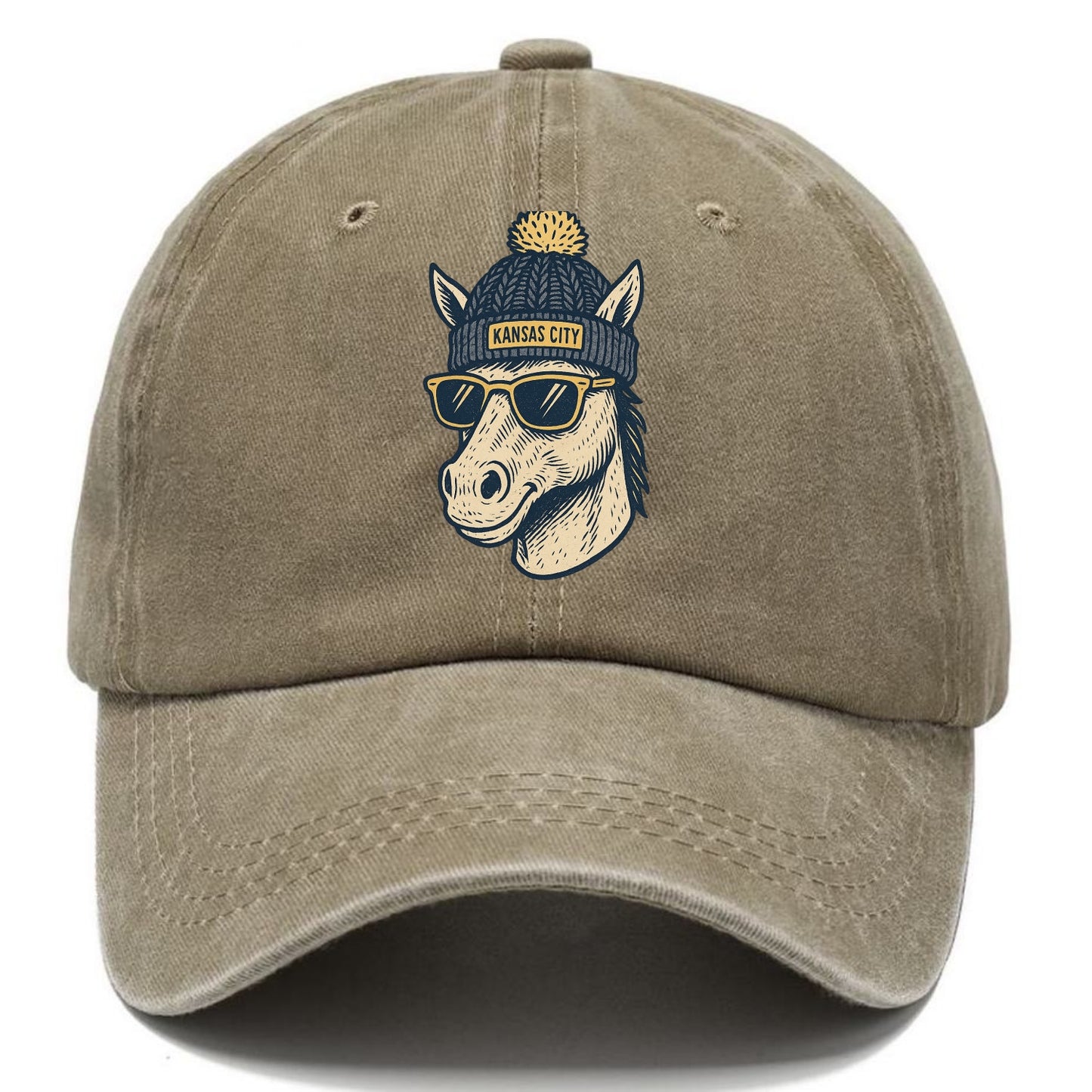 Missouri Mule wearing Kansas City beanie with pom pom and wayfarer sunglasses - Classic Cap - Warm Sand(Khaki)