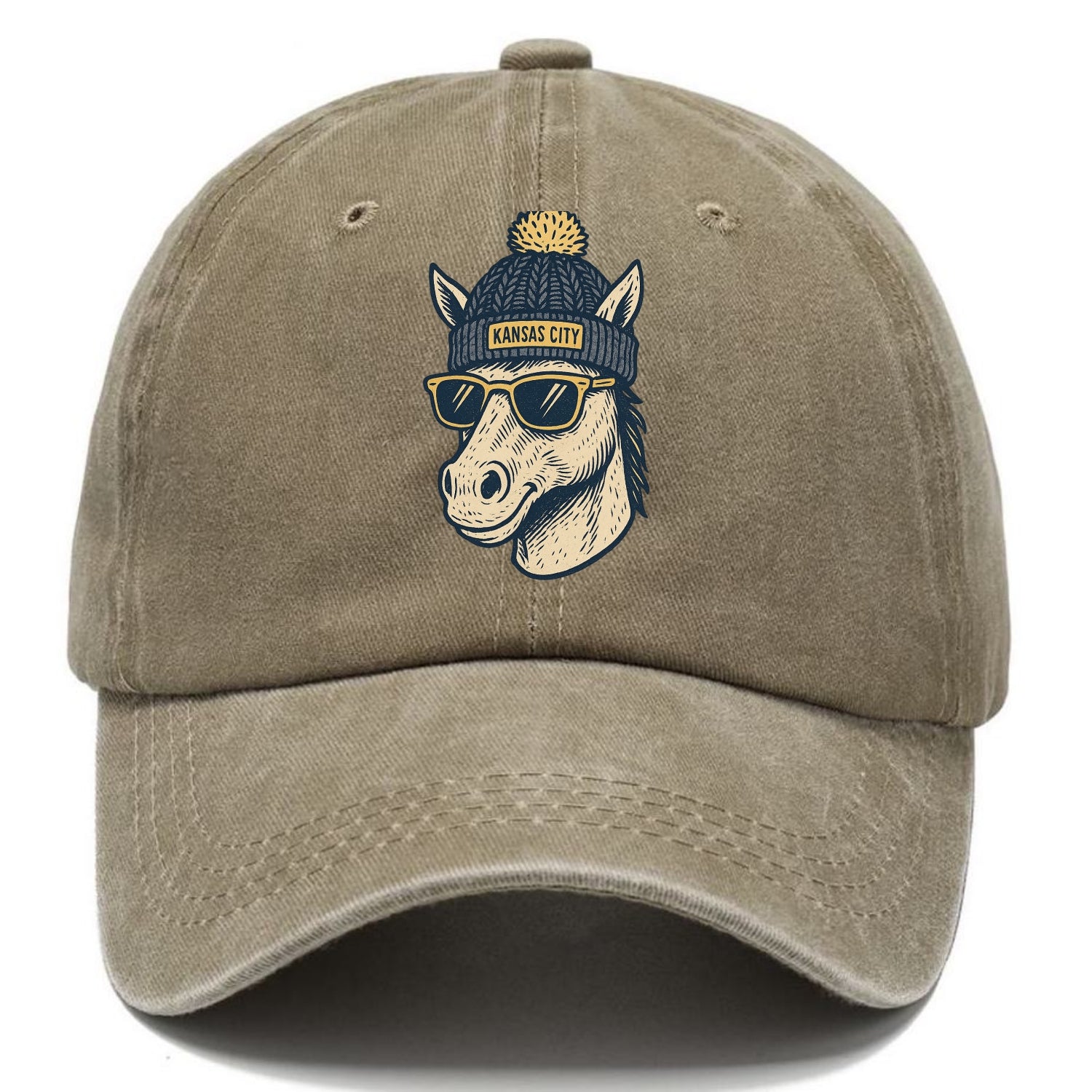 Missouri Mule wearing Kansas City beanie with pom pom and wayfarer sunglasses - Classic Cap - Warm Sand(Khaki)