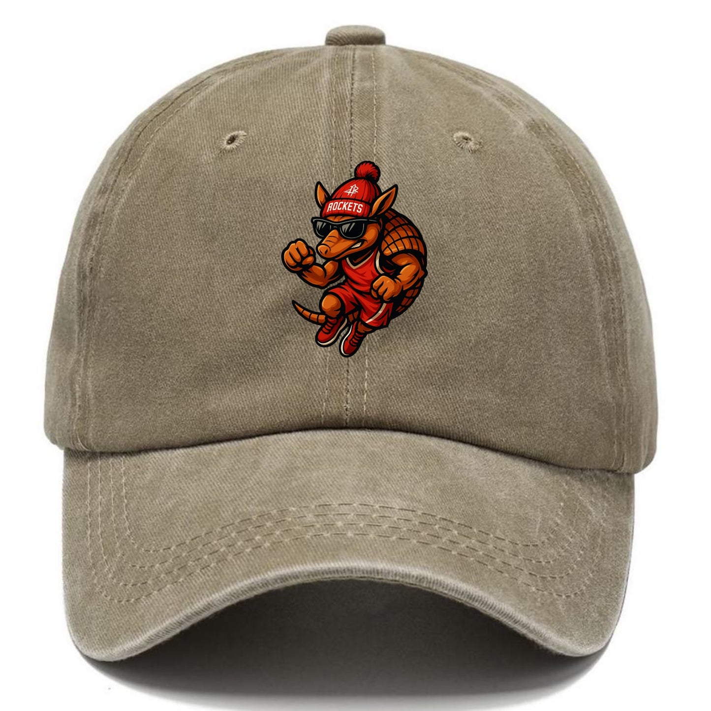 Houston Armadillo wearing Rockets red and silver beanie with rocket ship and wayfarer - Classic Cap - Warm Sand(Khaki)