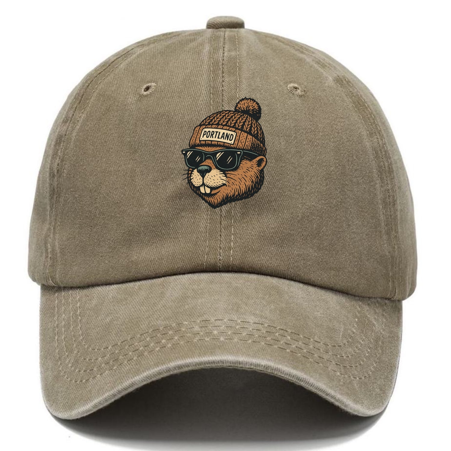 Portland Beaver wearing Portland beanie with pom pom and wayfarer sunglasses - Classic Cap - Warm Sand(Khaki)