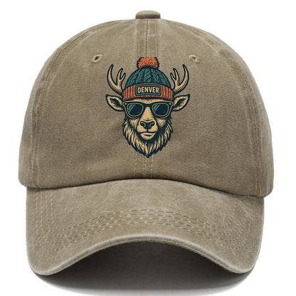 Denver Elk wearing Denver beanie with pom pom and wayfarer sunglasses - Classic Cap - Warm Sand(Khaki)