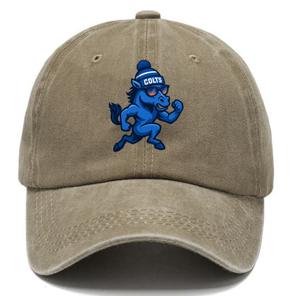 Indianapolis Colt Horse wearing Colts blue and white beanie with pom pom and wayfarer - Classic Cap - Warm Sand(Khaki)
