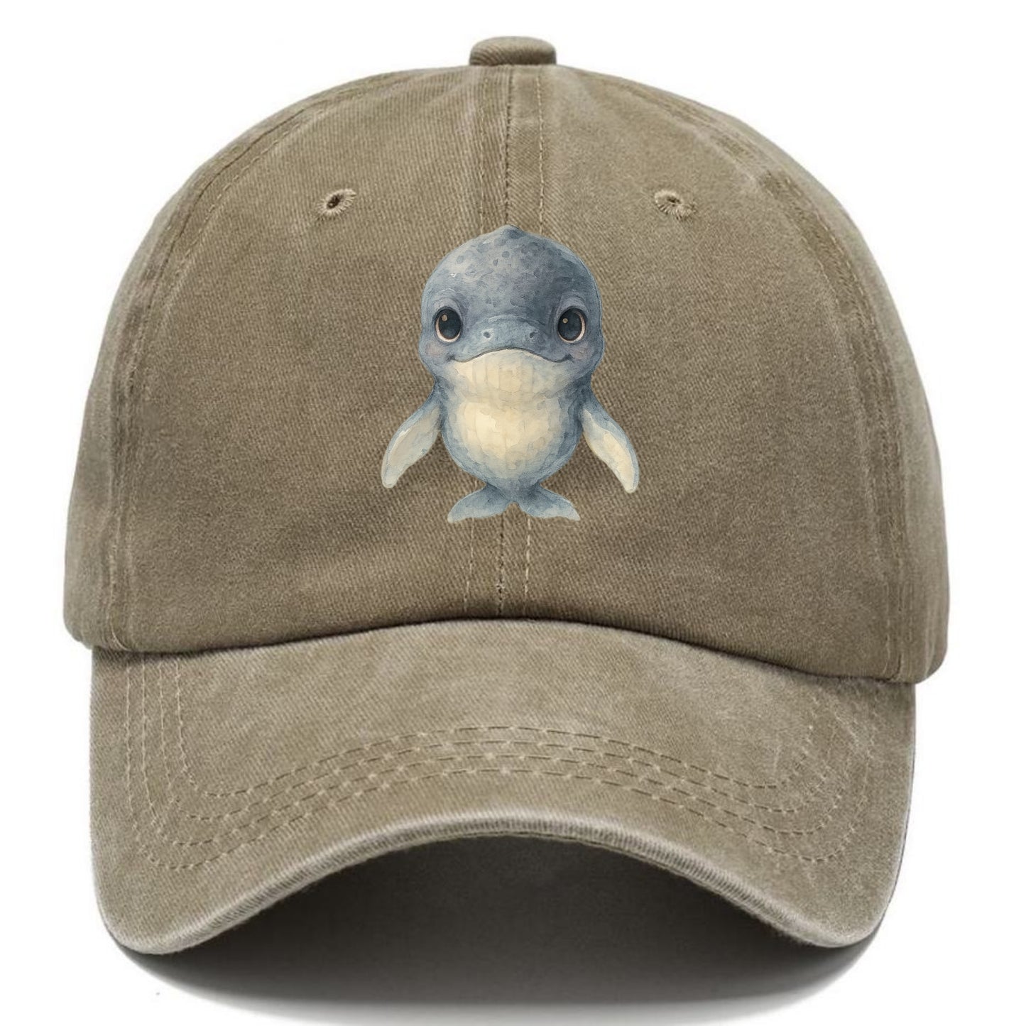 Baby Humpback Whale - dark gray with white flippers, large gentle eyes, front-facing, - Classic Cap - Warm Sand(Khaki)