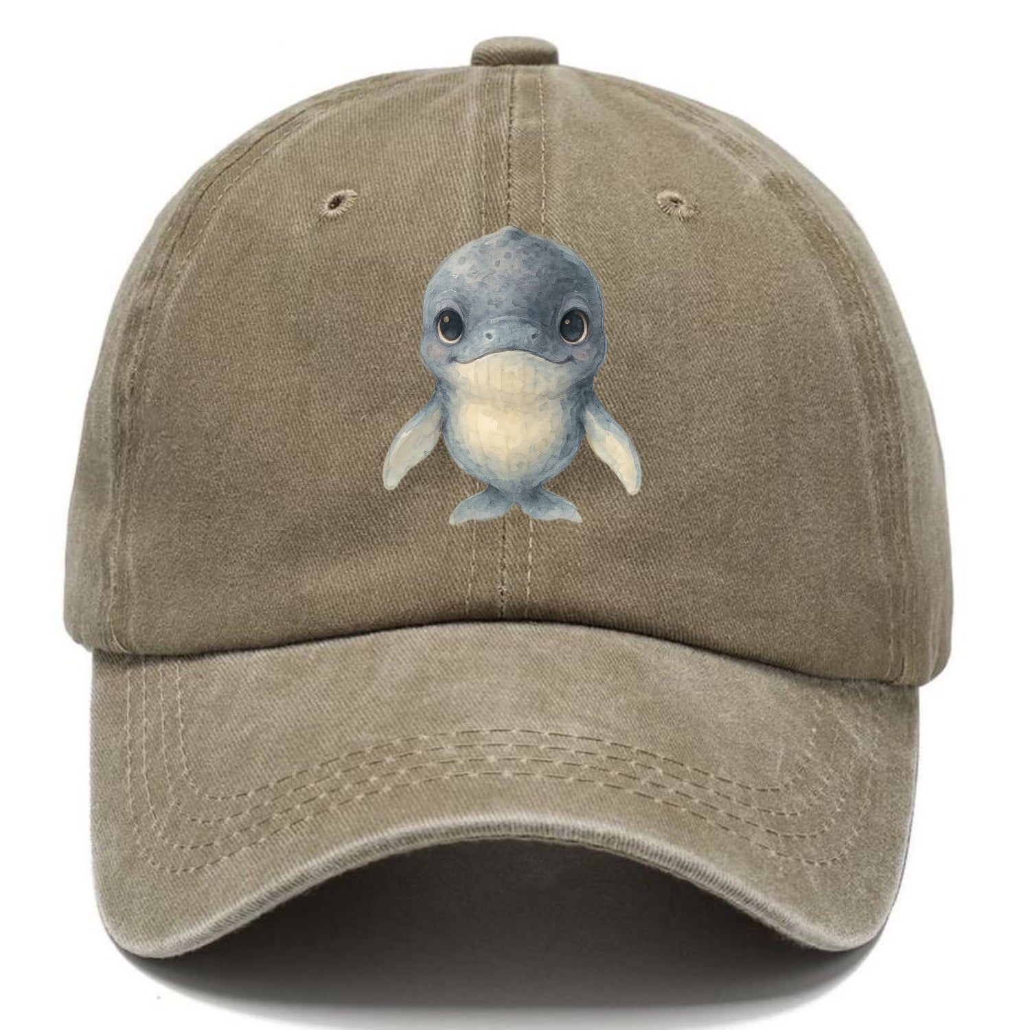Baby Humpback Whale - dark gray with white flippers, large gentle eyes, front-facing, - Classic Cap - Warm Sand(Khaki)