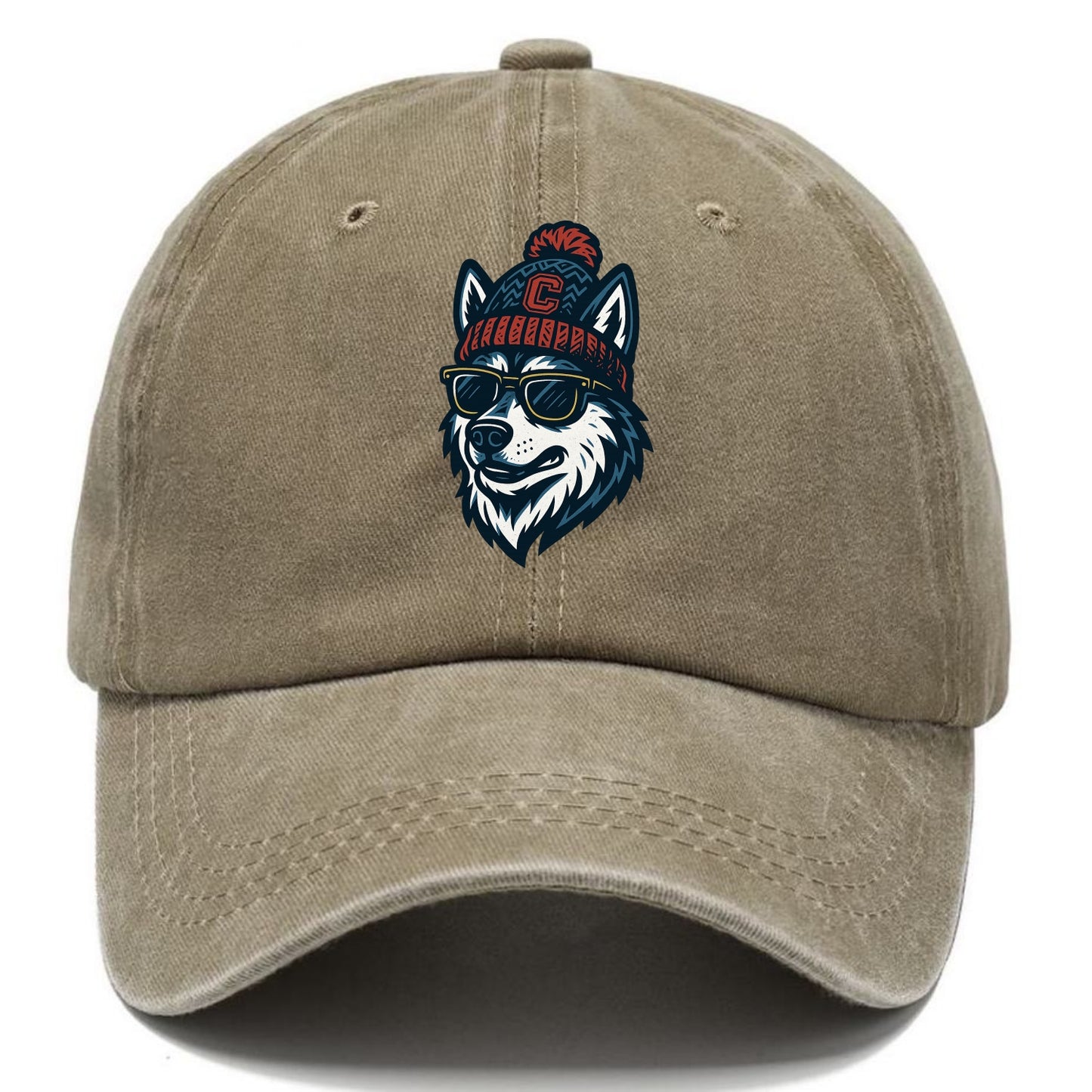 Storrs Husky wearing UConn beanie with C patch - Classic Cap - Warm Sand(Khaki)