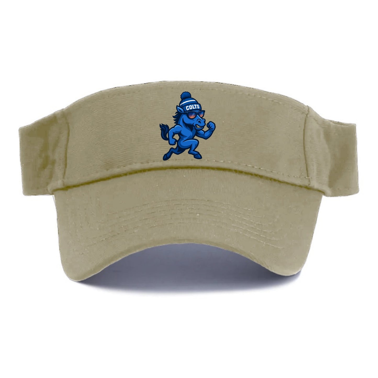 Indianapolis Colt Horse wearing Colts blue and white beanie with pom pom and wayfarer - Visor - Warm Sand(Khaki)