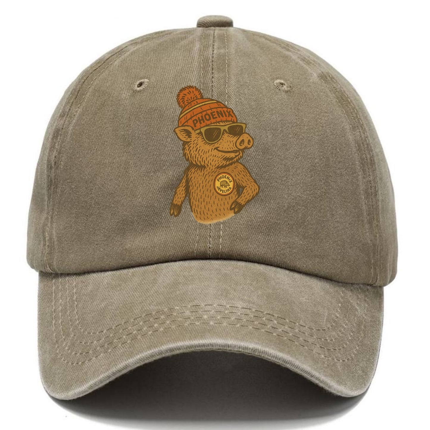 Phoenix Javelina wearing Phoenix beanie with pom pom and wayfarer sunglasses - Classic Cap - Warm Sand(Khaki)