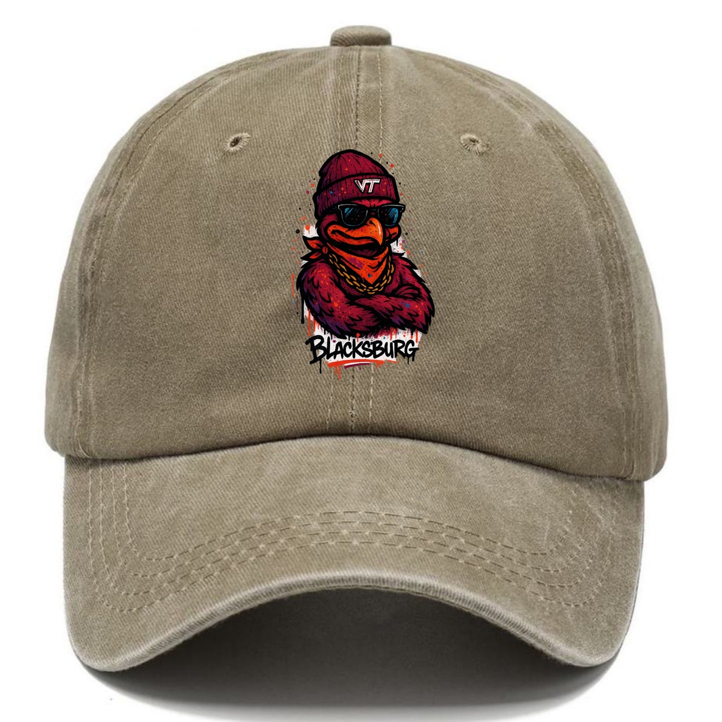 Blacksburg HokieBird wearing Virginia Tech beanie with VT patch - Classic Cap - Warm Sand(Khaki)