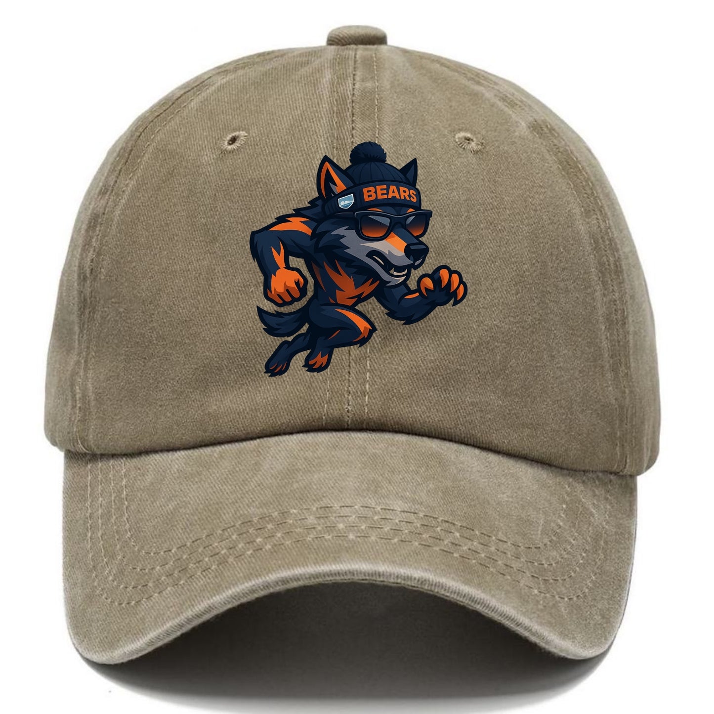 Chicago Wolf wearing Bears beanie with Lake Michigan patch and wayfarer sunglasses - Classic Cap - Warm Sand(Khaki)