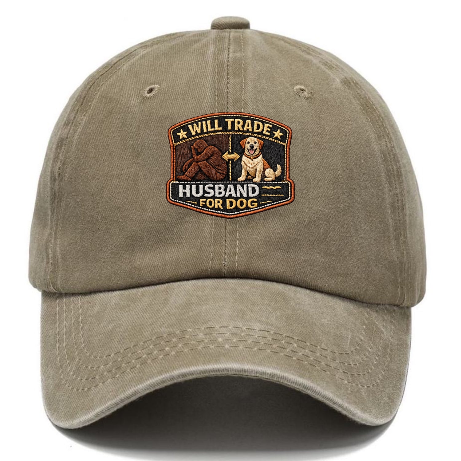 WILL TRADE HUSBAND FOR DOG - dog and man silhouette in brown , pet priority - Classic Cap - Warm Sand(Khaki)