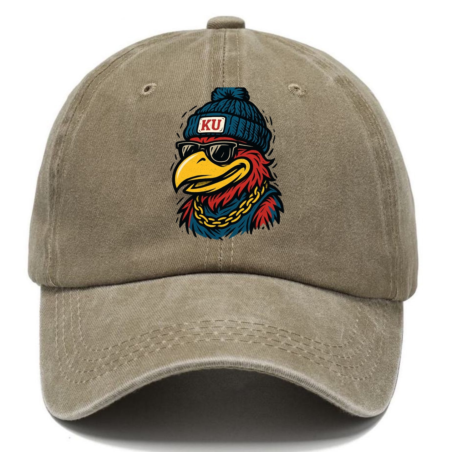 Lawrence Jayhawk wearing Kansas beanie with KU patch - Classic Cap - Warm Sand(Khaki)