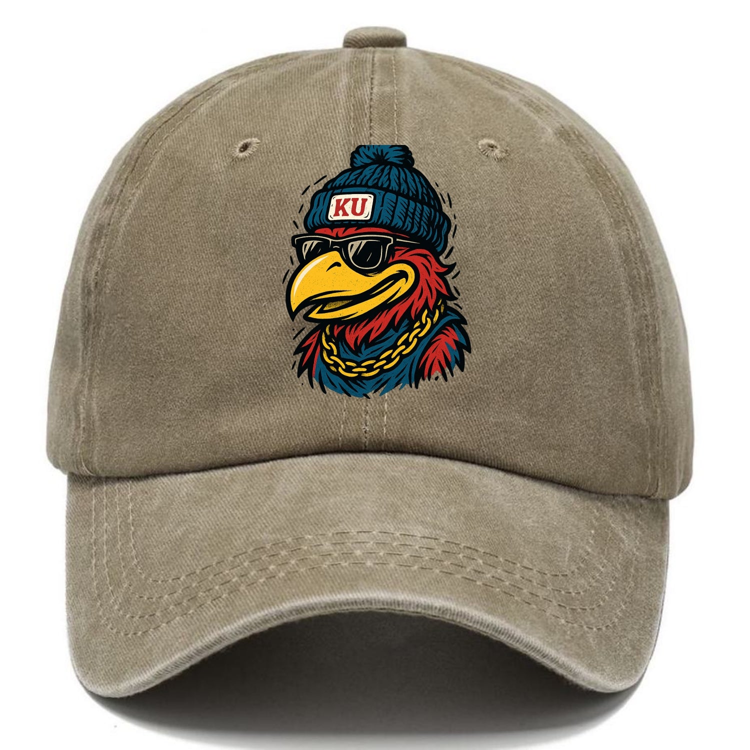 Lawrence Jayhawk wearing Kansas beanie with KU patch - Classic Cap - Warm Sand(Khaki)