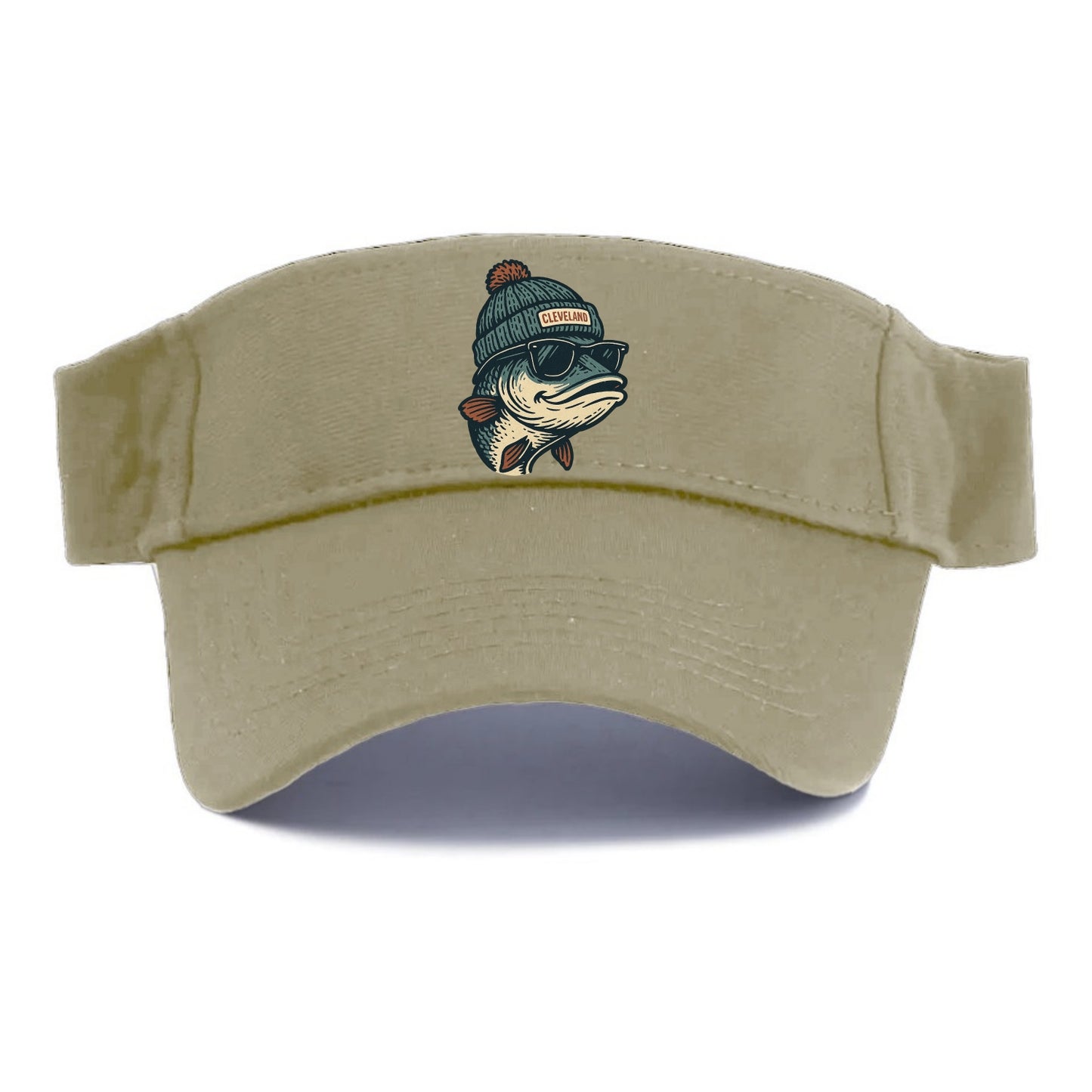 Cleveland Lake Erie Walleye wearing Cleveland beanie with pom pom and wayfarer sunglasses - Visor - Warm Sand(Khaki)