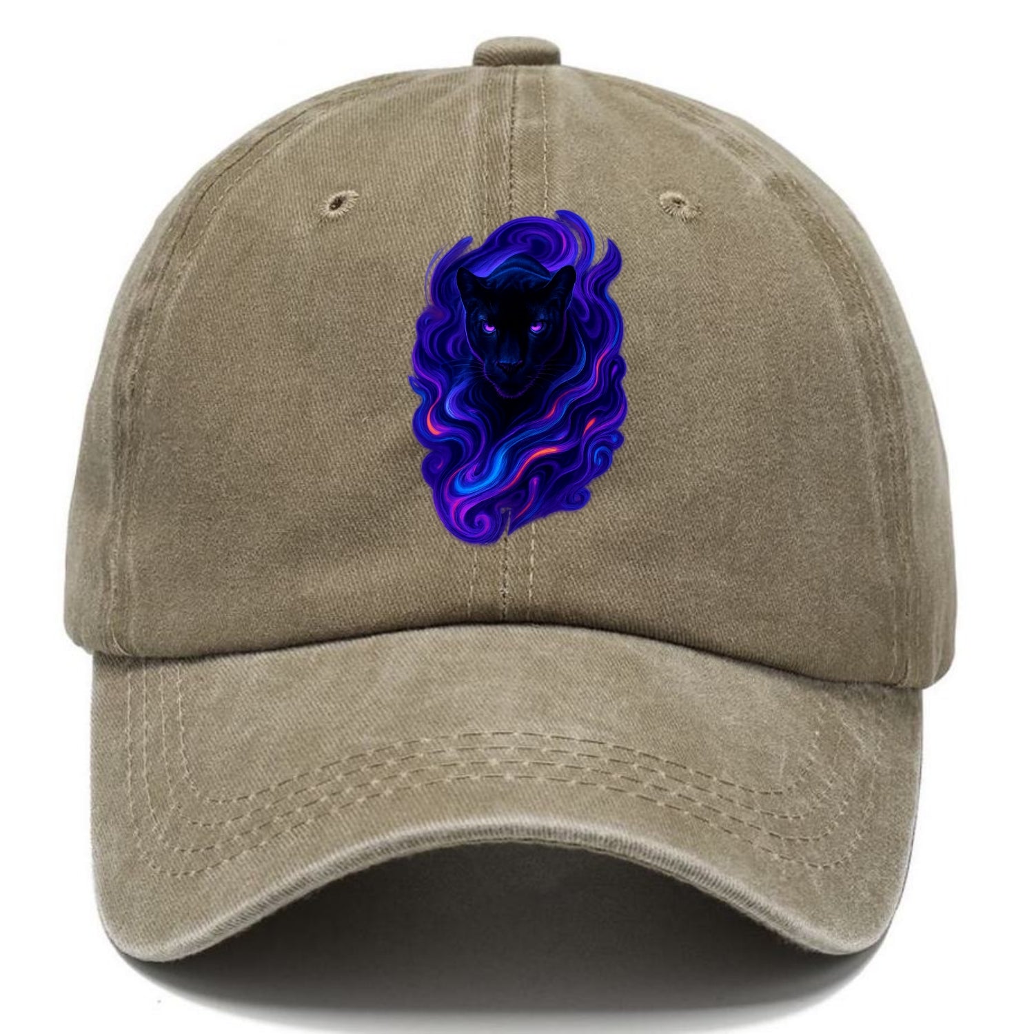 Sleek black panther emerging from swirls of deep purple and electric blue, - Classic Cap - Warm Sand(Khaki)