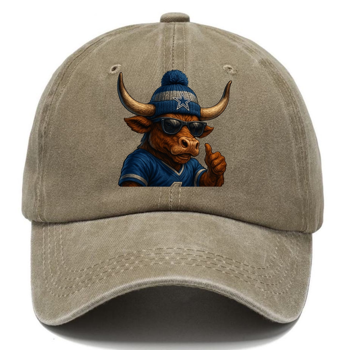 Texas Longhorn wearing Cowboys silver and blue beanie with star and wayfarer - Classic Cap - Warm Sand(Khaki)